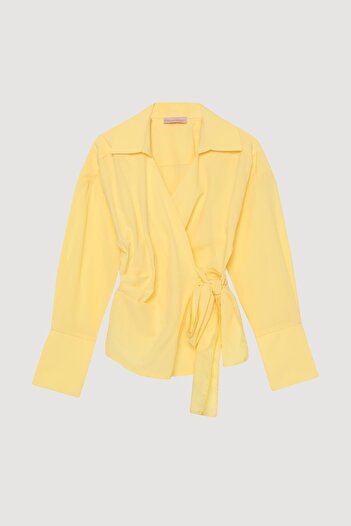 Quzu Women's Blouse with Tie Detail on the Front Blz00130 Yellow