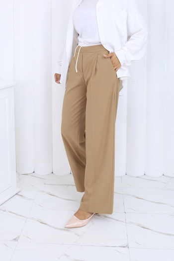 HANIMCA GİYİM Women's Pants with Fabric Belt, Side Pockets, Comfortable Fit, Full Length, Wide Leg