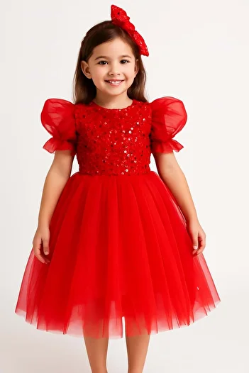 Mnk Baby&Kids Balloon Sleeve Sequin Sequin Girl's Tutu Dress M00751 Red