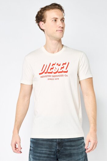 Diesel Men Crew Neck Short Sleeve Graphic Print T-Shirt, Off White