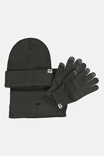 Dockers Men 3 Pieces Brand Logo Beanie With Gloves Set, Grey