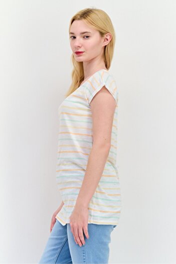 Esprit Women Round Neck Short Sleeves Stripe T-Shirt, White Combo