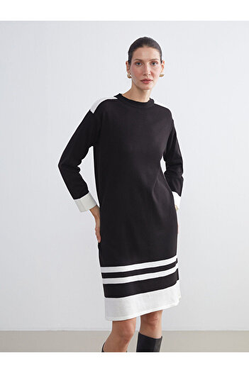 LC Waikiki Black Crew Neck Color Block Knitwear Dress