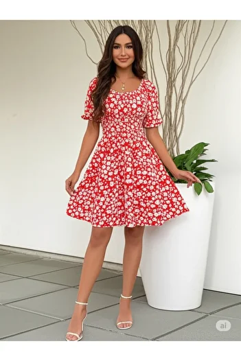 ÇELEBİ STYLE Square Neck Watermelon Sleeve Gipeli Floral Patterned Summer Dress