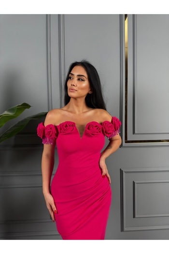 1Moda1Tarz Rochie de seară cu design special, căptușită cu detaliu de trandafir brodat cu guler Madonna din țesătură importată