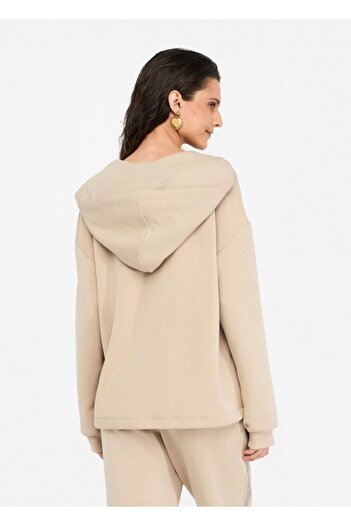 Liu Jo Women's Regular Fit Hooded V-Neck Logo Stripe Long Sleeve Beige Sweatshirt Tf5091J4616-60906