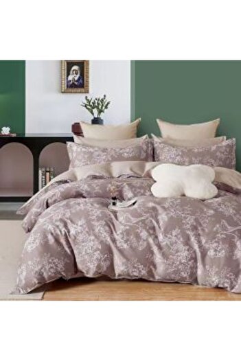 Ralex Double Bed Linen Set 6 Pieces Percale Cotton 100% Beige / Purple Flowers