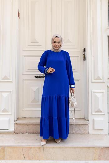 Hb Harma Time Butik Women's Layered Ribbed Blue Hijab Dress
