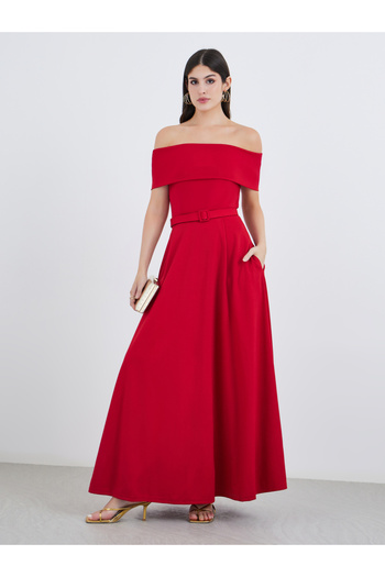 Styli Off Shoulder Belted A-Line Maxi Dress