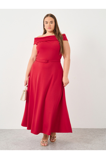 Styli Plus Red Off Shoulder Maxi Dress with Belt