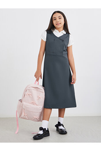 Styli Girls Grey V Neck Button Detail Pinafore Dress