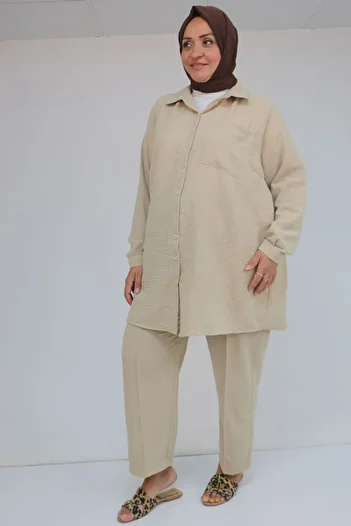 Eslina 57049 Plus Size Men's Collared Trousers Suit - Beige