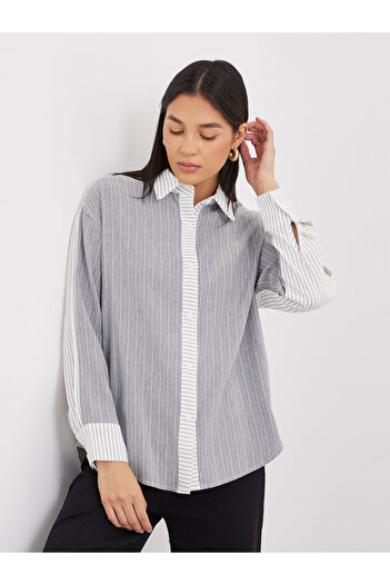 Styli Striped Grey Shirt with Spread Collar