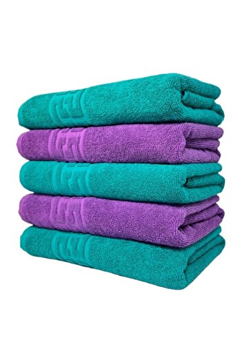 OEM Set 5 Bath Towels, Cotton, Bicolor, Greek Border, 500g/m², 70x140cm, Dark Green-Purple