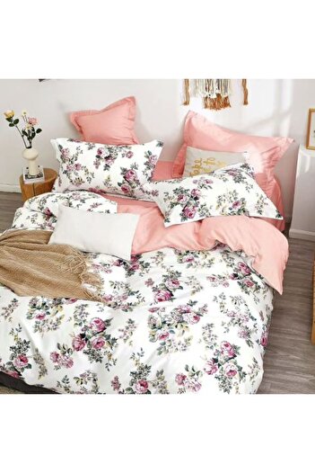 Ralex Double Bed Linen Percalle Printed 100% Cotton 4 Pieces (Floral White / Pink, Pucioasa)