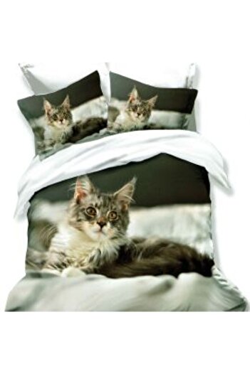 Ralex Double Bed Linen Cotton Finet 3D 6 Pieces 220 x 240 cm, Kitten, White Gray, Pucioasa FN 3D 72