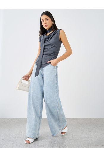 Styli Charcoal Front Draped Sleeveless Top