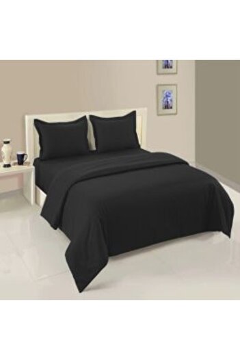 HomePuls Bed Linen Set with Elastic Sheet Damask Polycotton 1 cm Stripe, Black