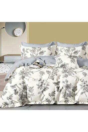Ralex Double Bed Linen Percale Printed Cotton 100%, 4 Pieces, Modern Beige / Grey