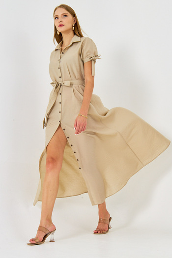 armonika Women's Beige Sleeve Tie Waist Belted Shirt Dress Arm-23Y001004