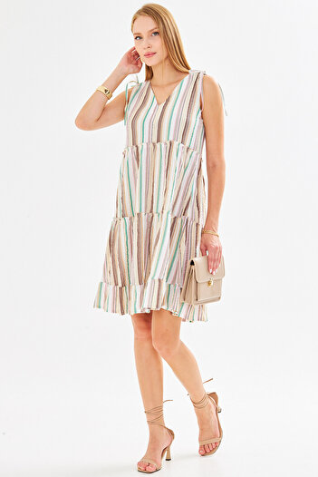 armonika Women's Stone V-Neck Ruffle Sleeveless Shoulder Tie Dress Arm-25Y001061
