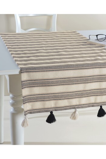 ÖDEL BULDAN Jacquard Buldan Linen, Pompom Runner-Black&Brown