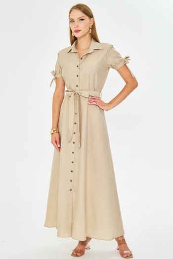 armonika Women's Beige Sleeve Tie Waist Belted Shirt Dress Arm-23Y001004