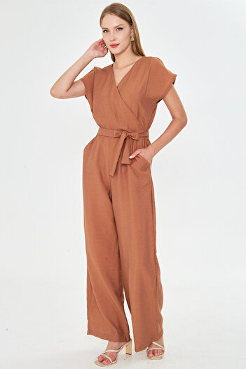 armonika Women's Mustard Double Breasted Collar Back V Detailed Pocket Belted Wide Leg Jumpsuit Arm-24Y001073