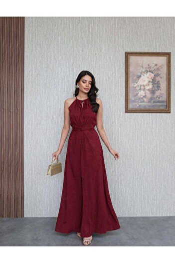 Elizar Moda BORDO HALTER YAKA DESENLİ YIRTMAÇLI ELBİSE