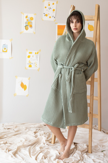 vivamaison 100% Cotton Waffle Unisex Bathrobe with Hood, High Absorbency and Quick Dry Features