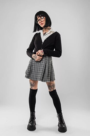 Bak Moda Plaid Patterned Pleated Gray Skirt