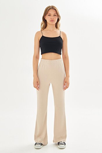 TRENDHİLL Women's Modal Fabric High Waist Wide Leg Sweatpants Beige 8102-B