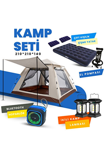 Yussraw 2-4 kişi kamp çadırı seti taşınabilir otomatik 210*210*140+lamba+yatak+yastık+pompa+hoparlör