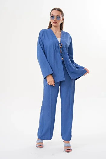 ŞİMAL Women's Front Lace Detailed Sofia Linen Suit 250621 -