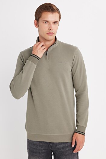 Tudors Men's Slim Fit Slim Fit Cotton Half Zipper Stand Collar Khaki Sweatshirt