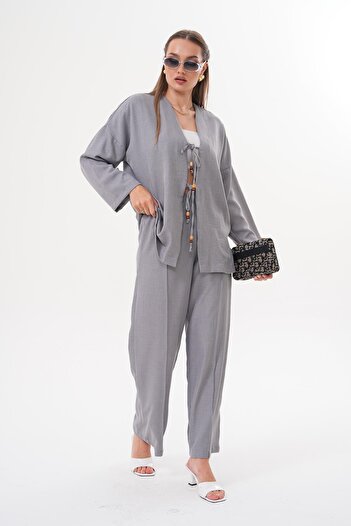 ŞİMAL Women's Front Lace Detailed Sofia Linen Suit 250621 -