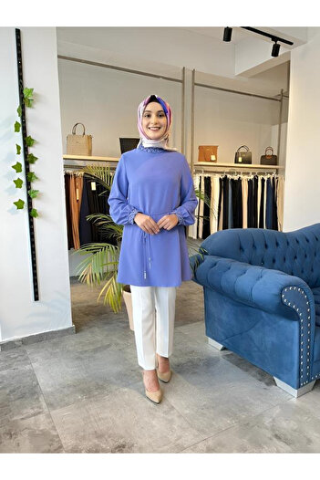 Zühre Women's Collar and Sleeve Detailed Violet Tunic B-0129