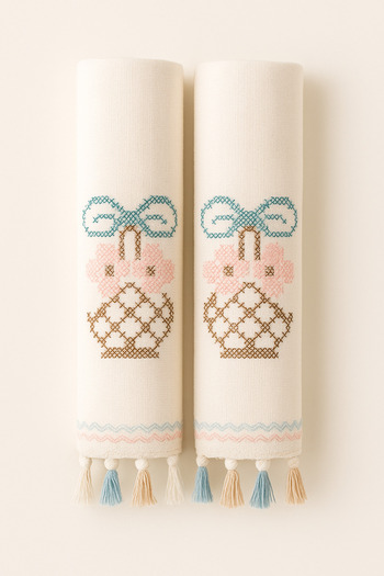 KAYABEY HOME Set of 2 Embroidered Tasseled Kitchen Towels – 30X50 cm 100% Cotton Cream Color