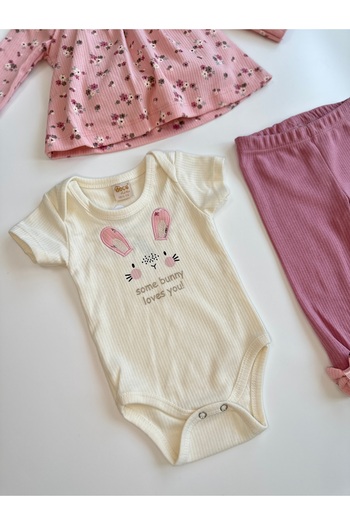 DECO Little Floral Patterned 3-Piece Pink Baby Girl Bodysuit Set