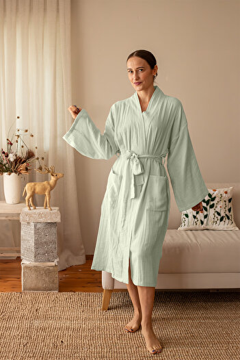 vivamaison 2 Layers Muslin Woven 100% Cotton Unisex Kimono Bathrobe, Breathable and Light Fabric