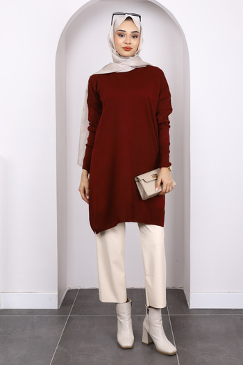 İmajButik Dark Burgundy Crew Neck Mercerized Casual Knitwear Tunic