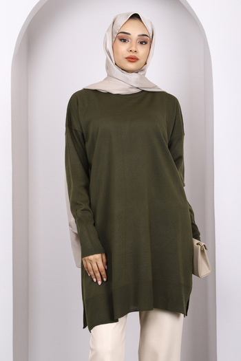 İmajButik Khaki Crew Neck Mercerized Casual Knitwear Tunic