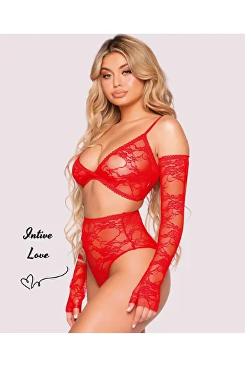 İntive Lingerie Intive Red All Lace with Gloves Fantasy Bra Thong Set