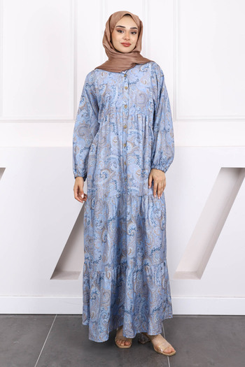 İmajButik Φόρεμα Indigo με μισό κουμπί με μοτίβο