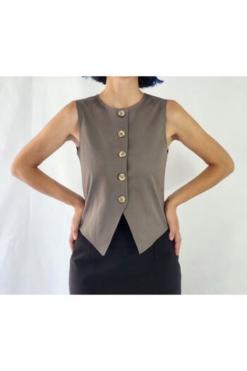 YAXİ Body-Fitting Collar Unlined Khaki Woven Vest