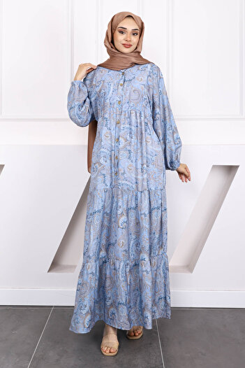 İmajButik Φόρεμα Indigo με μισό κουμπί με μοτίβο