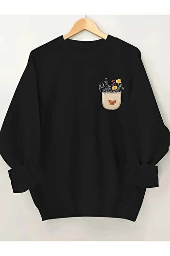 caddekombin Floral Pocket Chest Printed Crew Neck Black Sweatshirt
