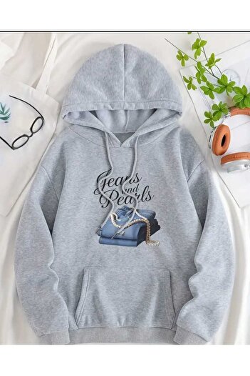 caddekombin Jeans and Pearls Printed Hooded Pocket Wool Inside Gray Sweatshirt