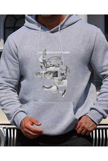 caddekombin Man Struggles Printed Hooded Pocket Inside Wool Gray Sweatshirt