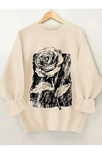 caddekombin Black Pencil Rose Printed Crew Neck Beige Sweatshirt